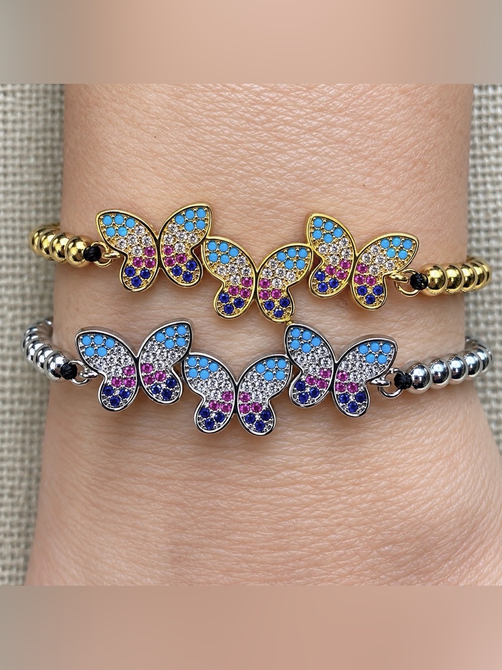 Handmade Multicolor Butterfly Beaded Bracelet | Adjustable | Gold or Silver